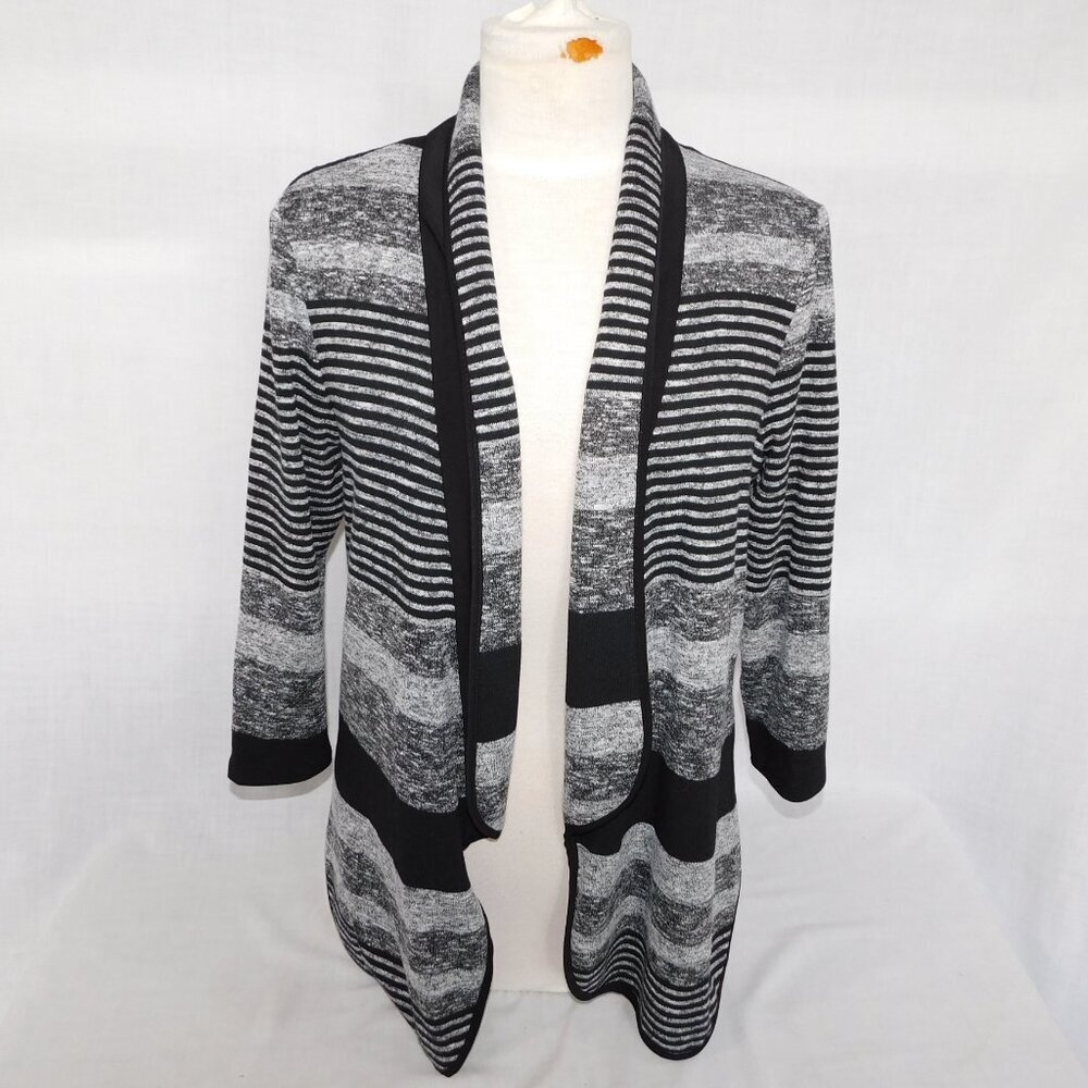 Frank Lyman Design Striped Knit Open Cardigan 3/4 Sleeve Black Gray Womens 10